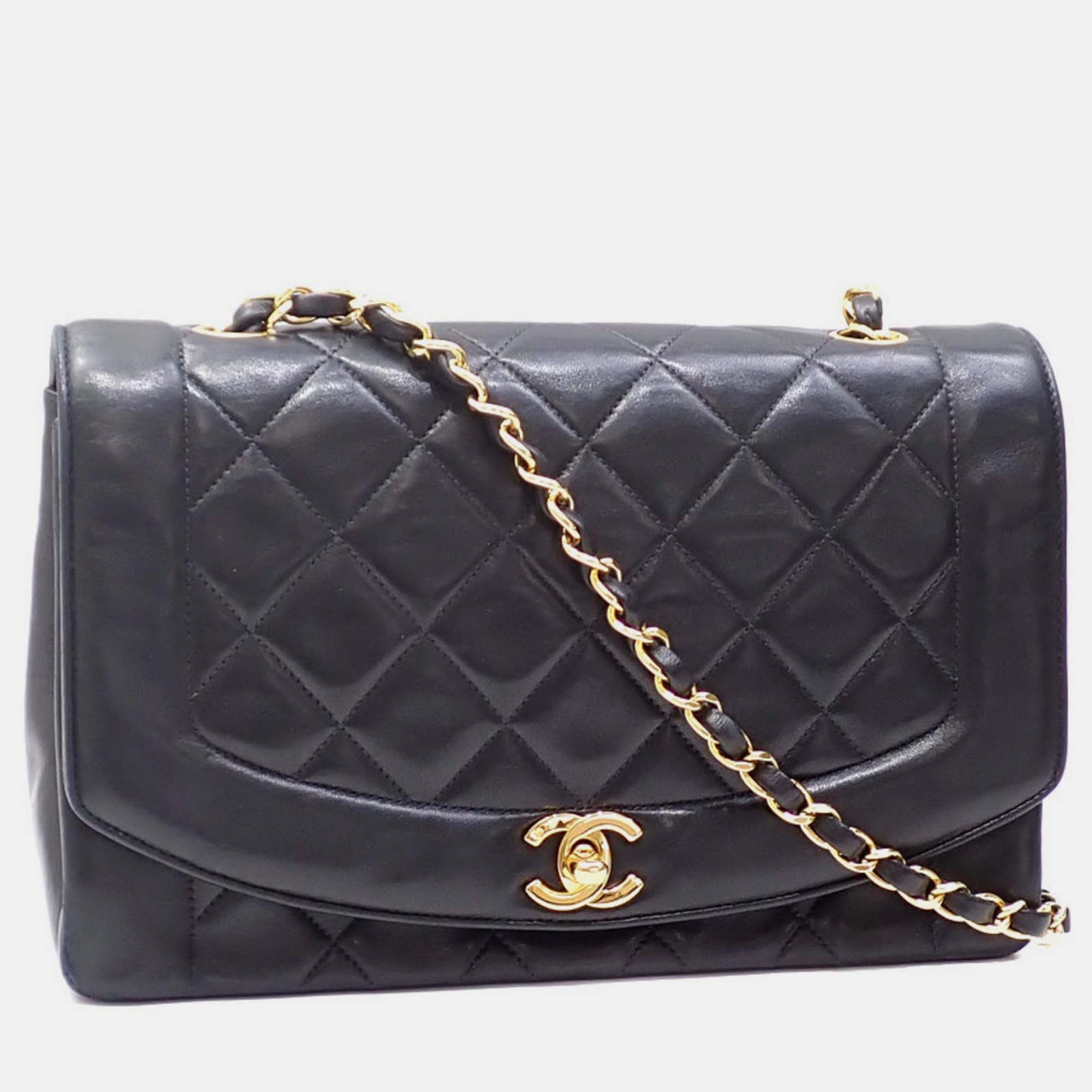 Chanel Schwarze Diana Matelasse Coco Mark Schultertasche aus Lammleder mit Kette