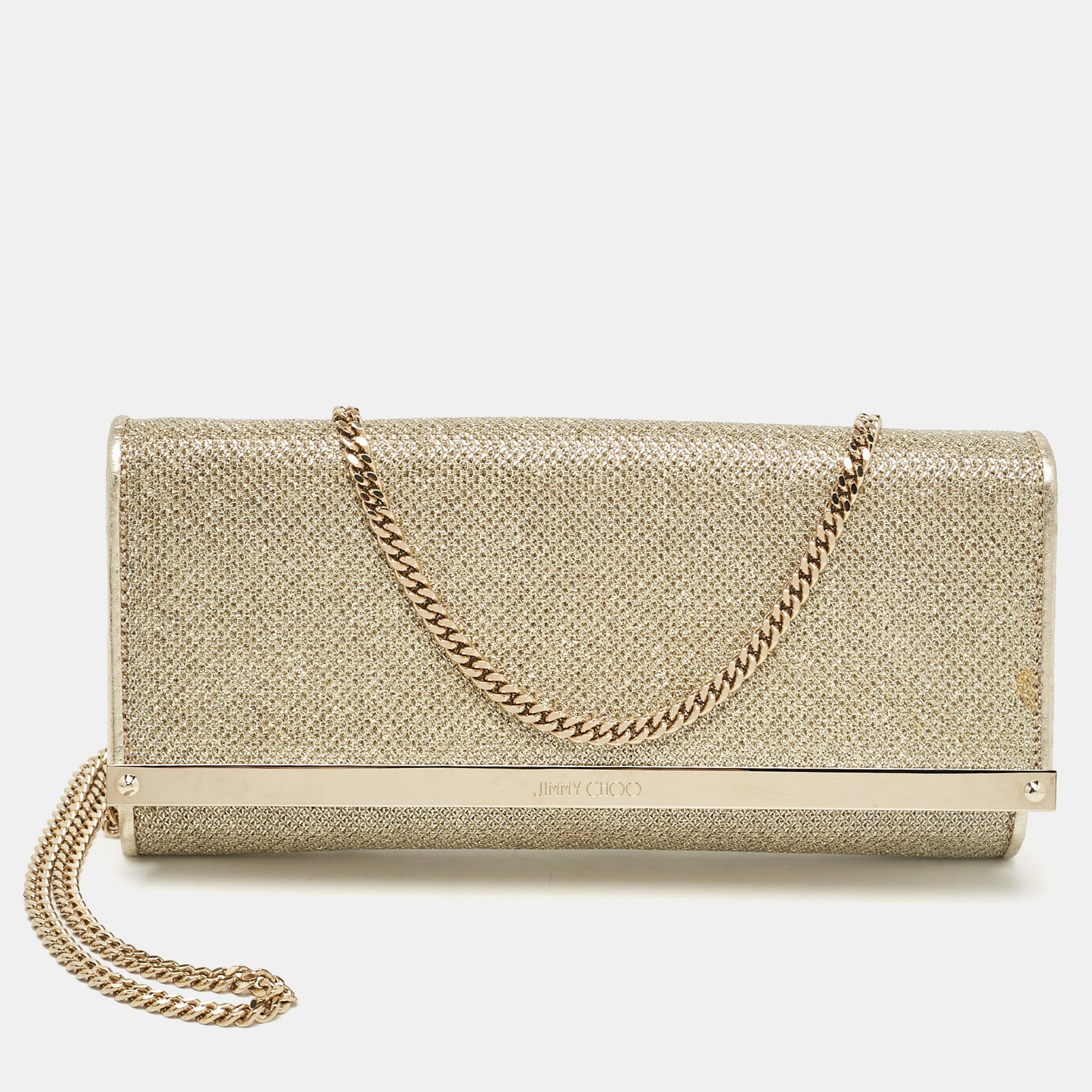 Jimmy Choo Clutch „Milla“ aus goldenem Lurexstoff mit Kette