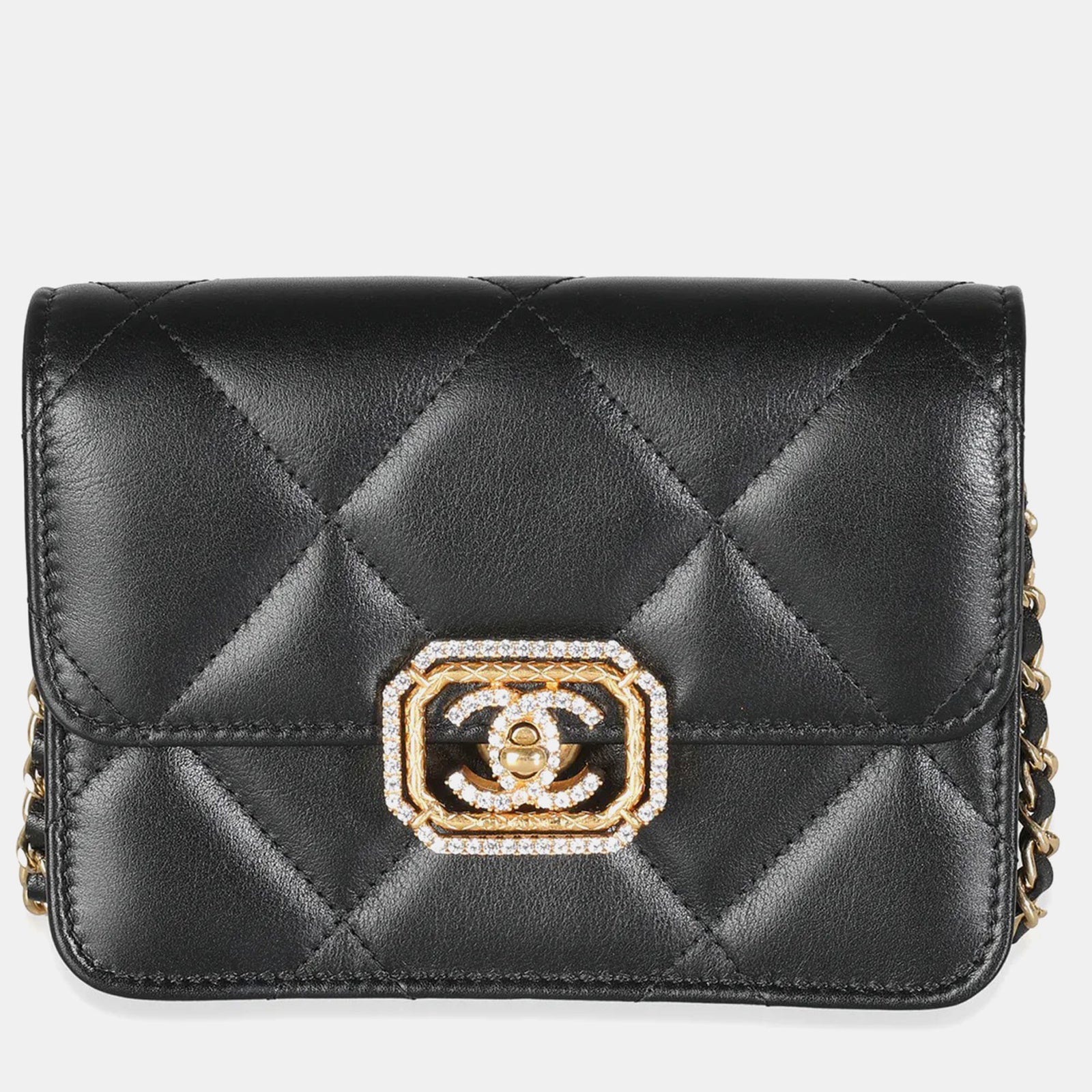 Chanel Schwarze Mini CC Flap Bag aus gestepptem Kalbsleder mit Strasssteinen