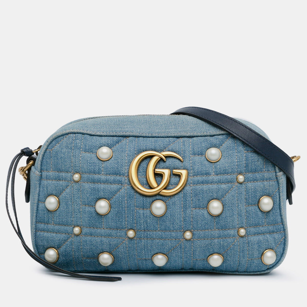 Gucci Small GG Marmont Pearl Studded Denim Crossbody Bag