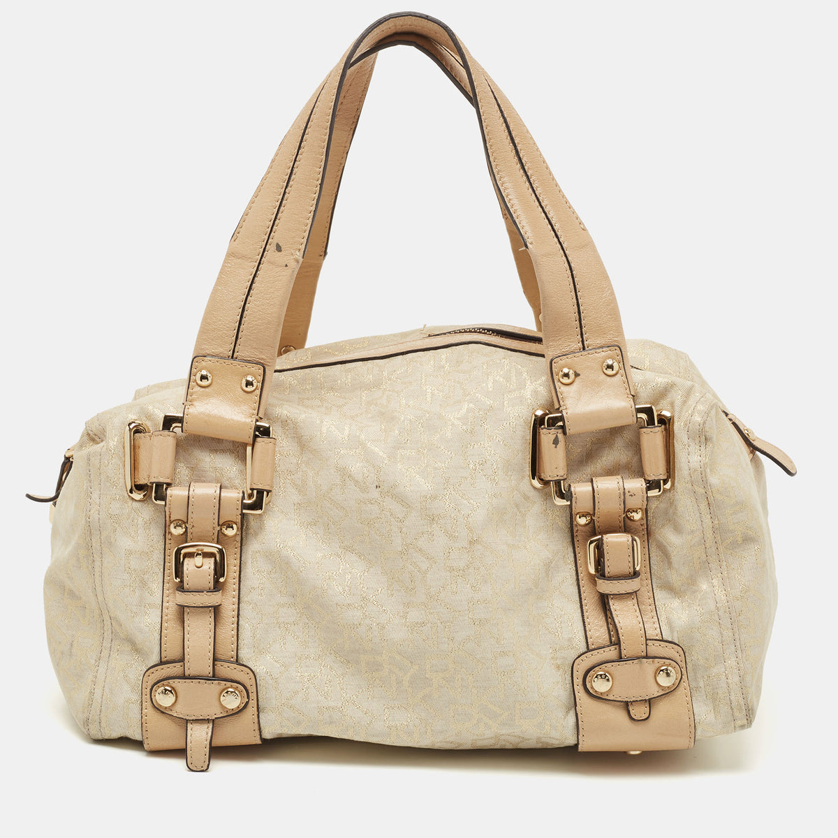 DKNY Beige/Gold Monogram Canvas and Leather Buckle Satchel