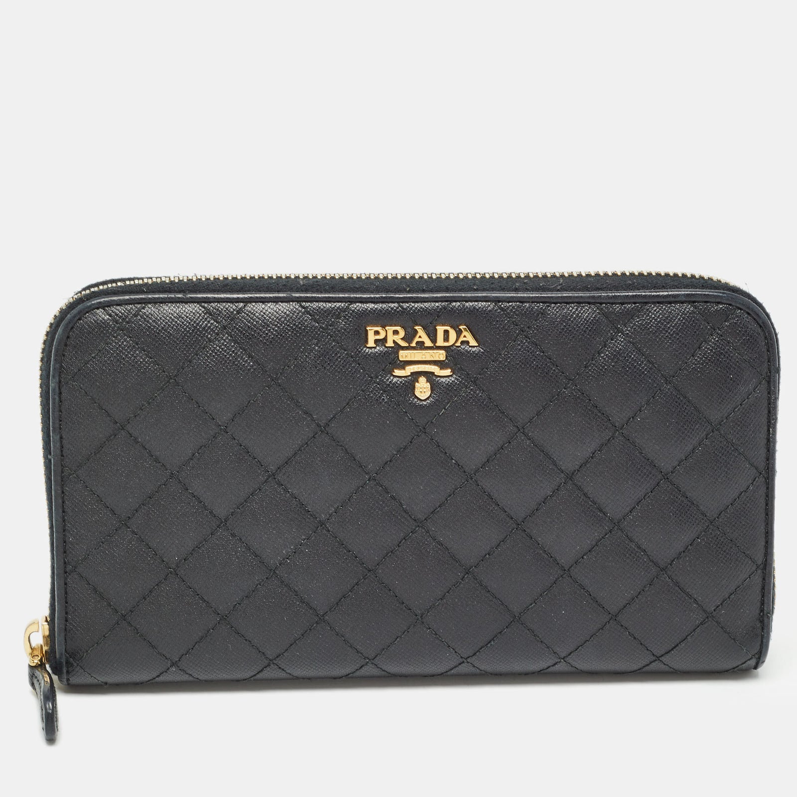 Prada Black Quilted Saffiano Leather Zip Around Wallet