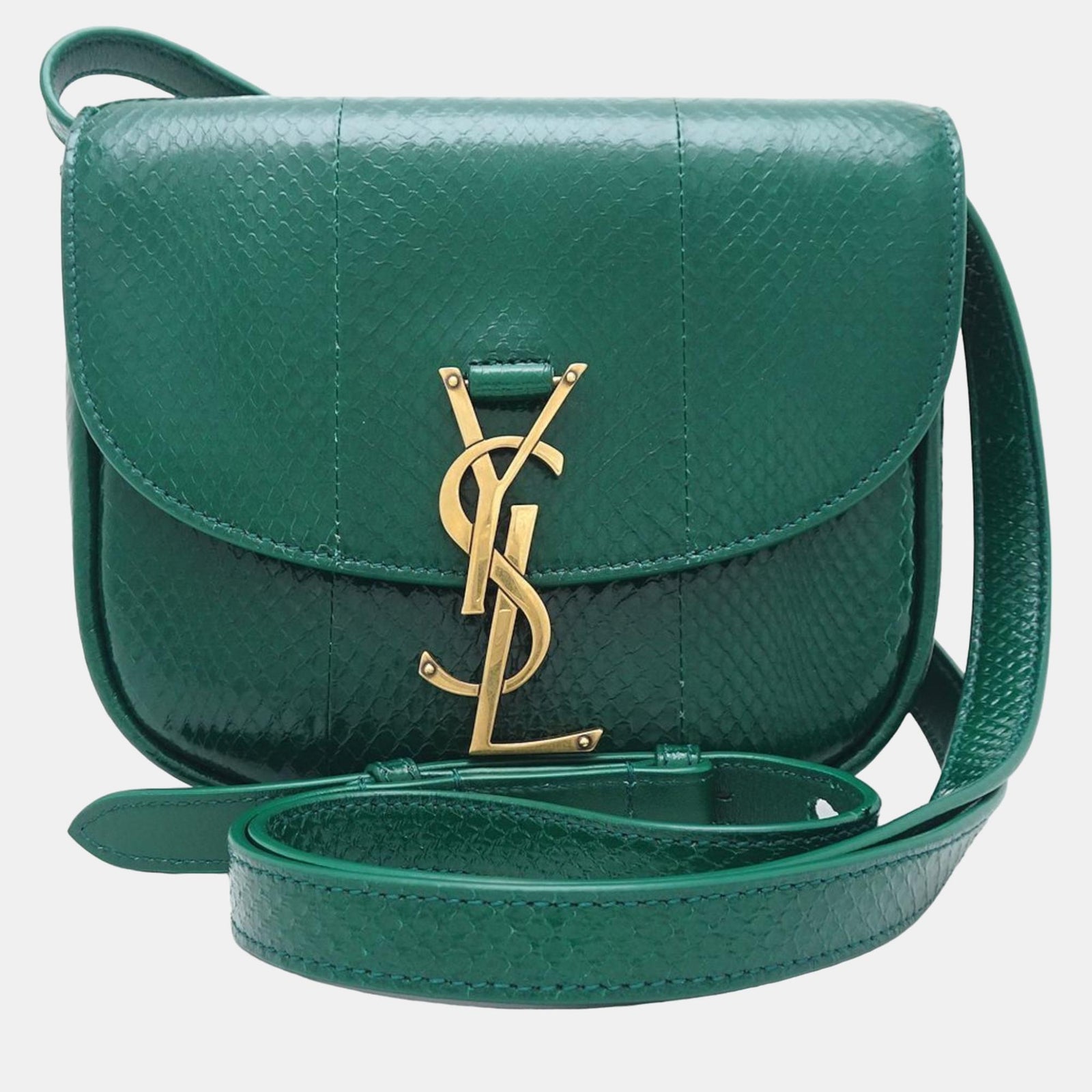 Saint Laurent Paris Green Leather Small Snakeskin Monogram Kaia Crossbody Bag