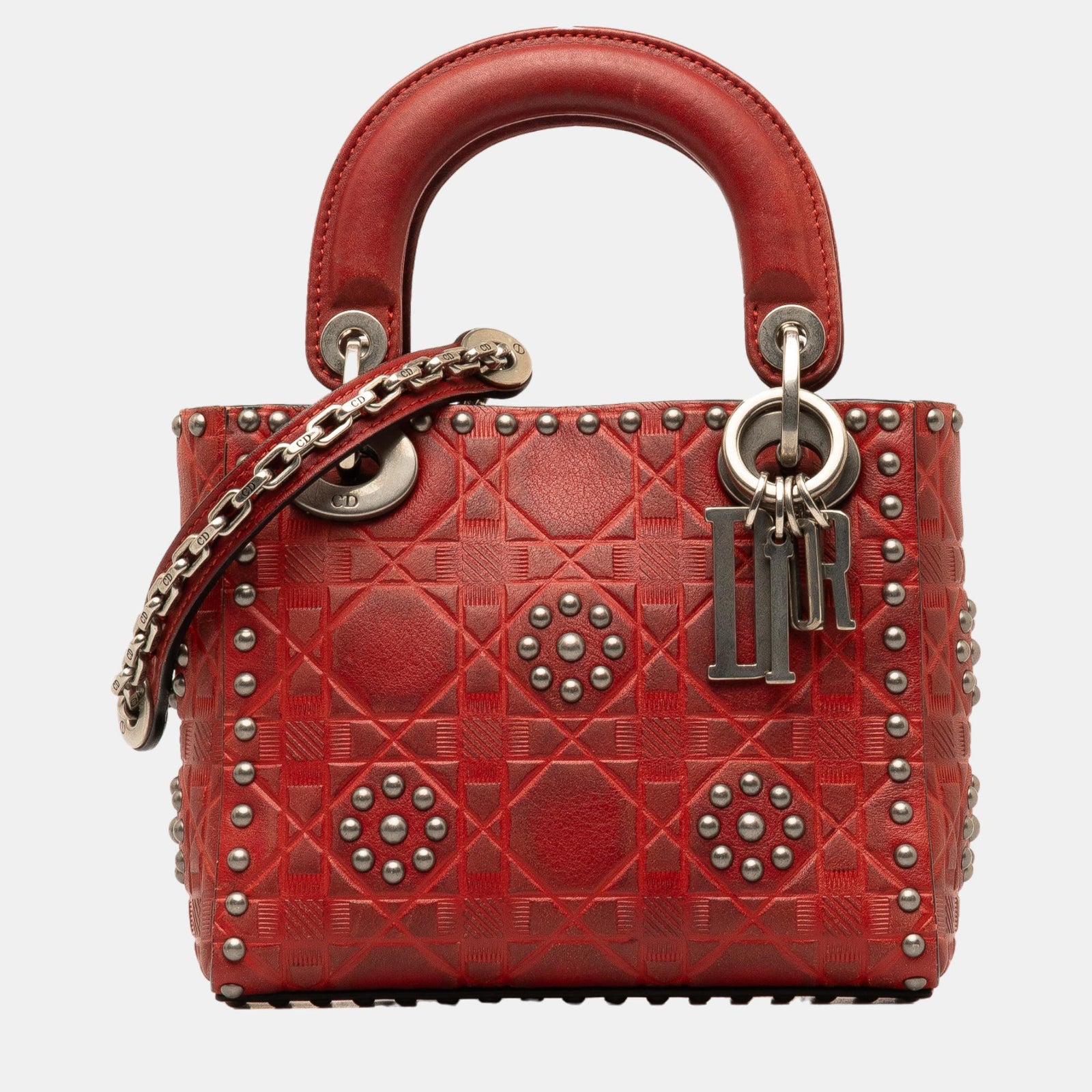 Dior Mini sac Lady Dior souple en cuir de veau gaufré rouge clouté Cannage