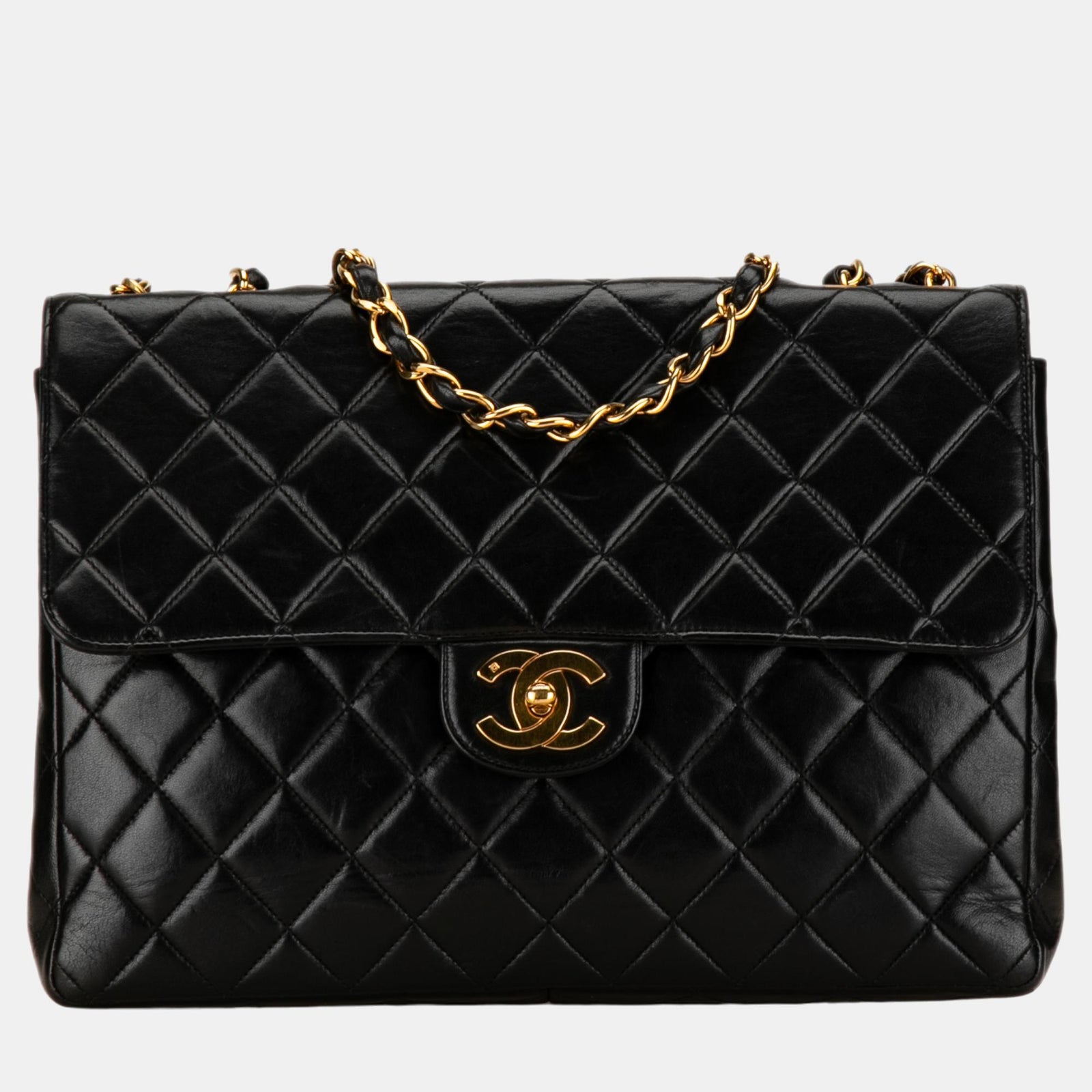 Chanel Portefeuille à rabat simple en cuir d'agneau noir Jumbo Classic