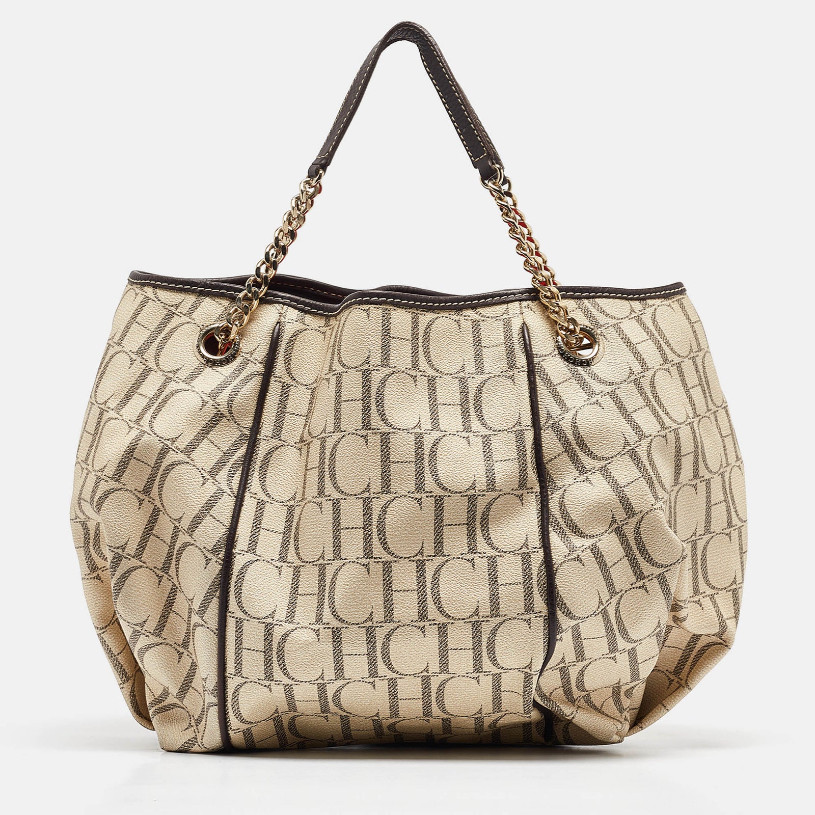 Carolina Herrera Cream/Brown Monogram Coated Canvas and Leather Chain Tote