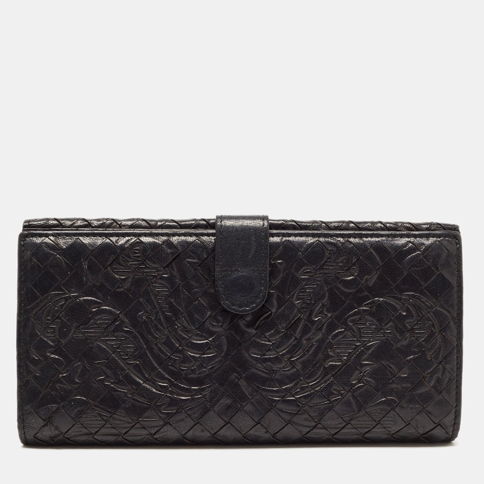 Bottega Veneta Black Intrecciato Leather Flap Continental Wallet