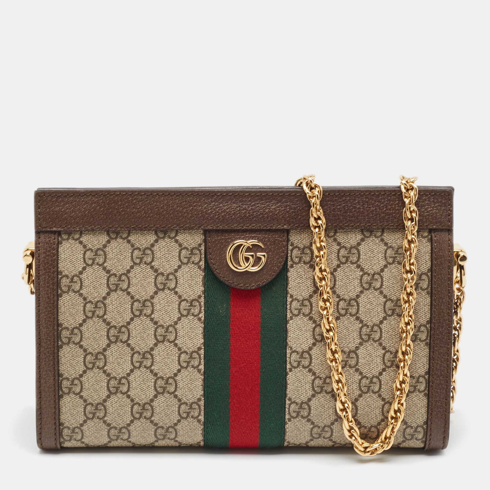 Gucci Beige/braune Ophidia-Kettentasche aus GG Supreme-Canvas und Leder