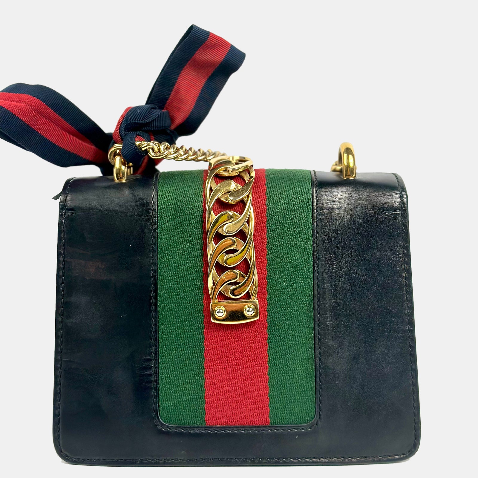 Gucci Sac à rabat en cuir bleu marine Sylvie avec chaîne