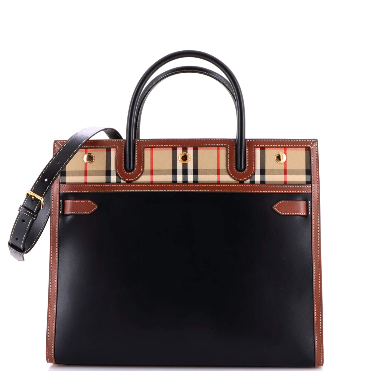 Burberry Title Two Handle Tote Leather with Vintage Check Canvas Medium