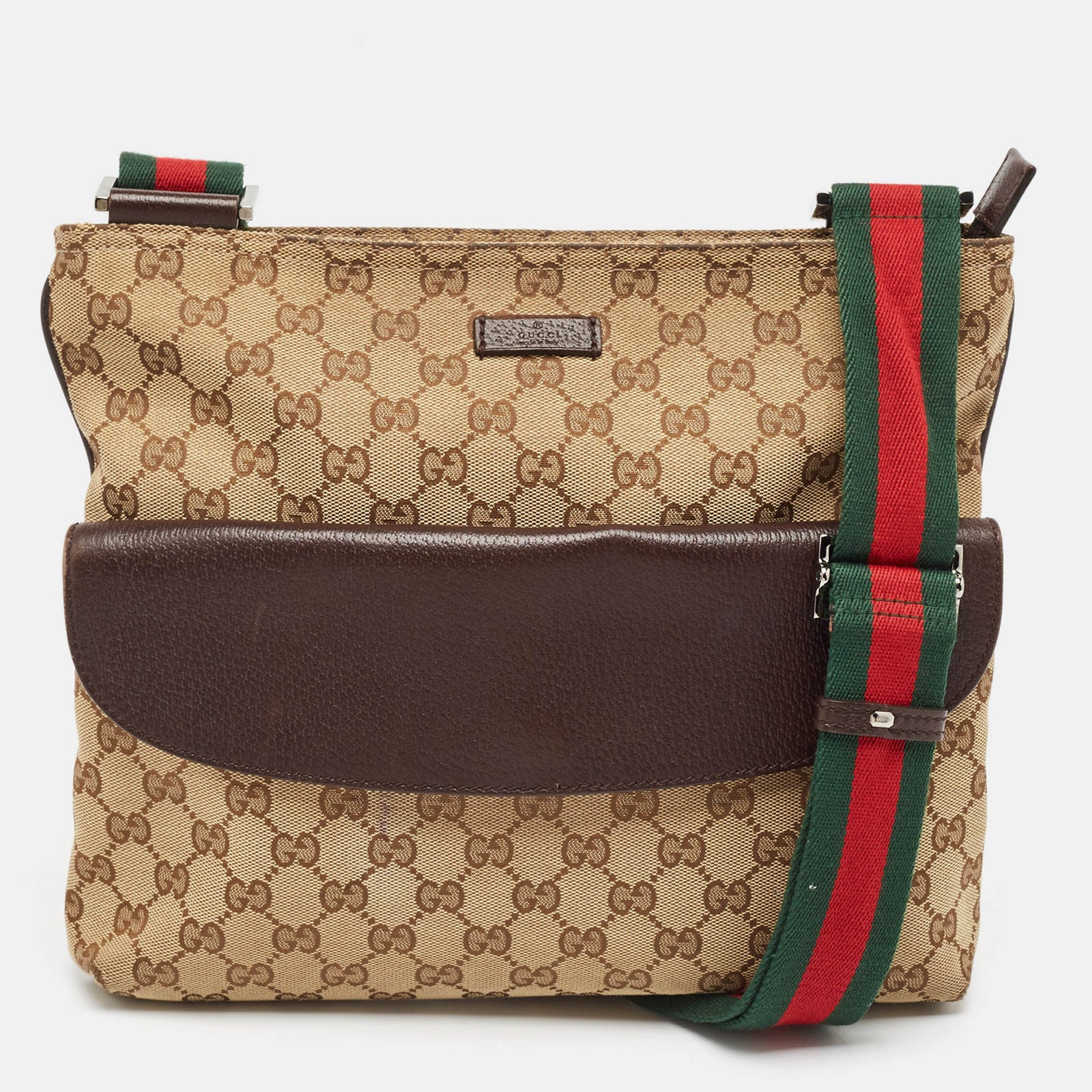 Gucci Sac messager en toile et cuir GG marron foncé/beige