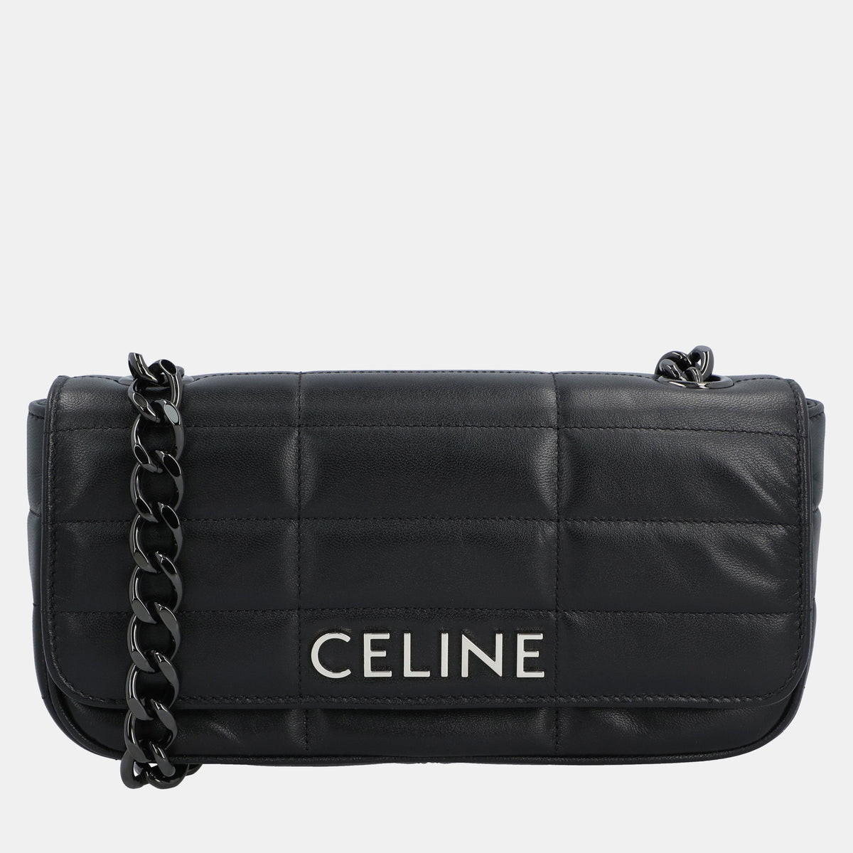 Celine Black Goatskin Leather Monochrome Matelasse Chain Shoulder Bag