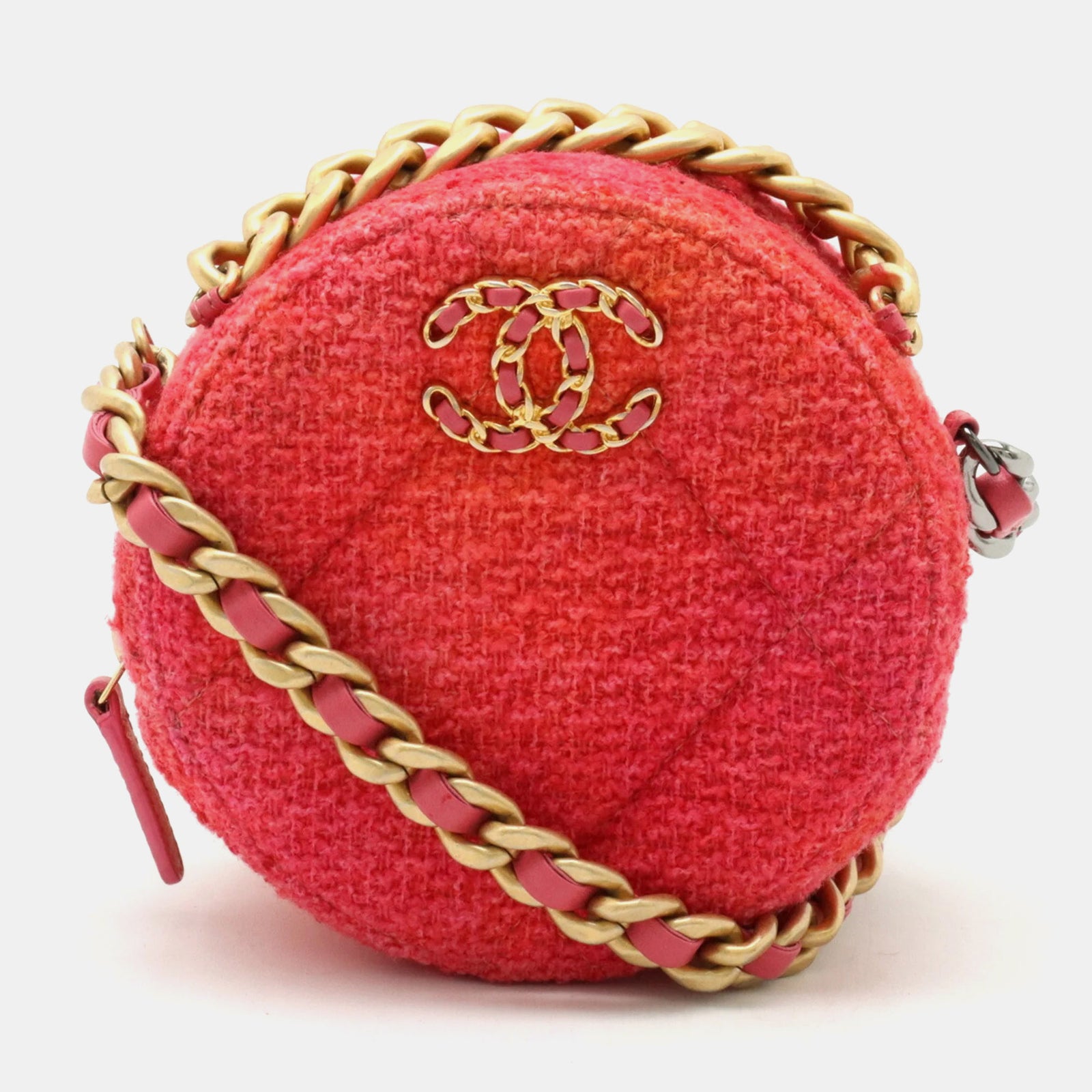 Chanel Pink/Orange Tweed Lambskin Quilted 19 Round Clutch With Chain