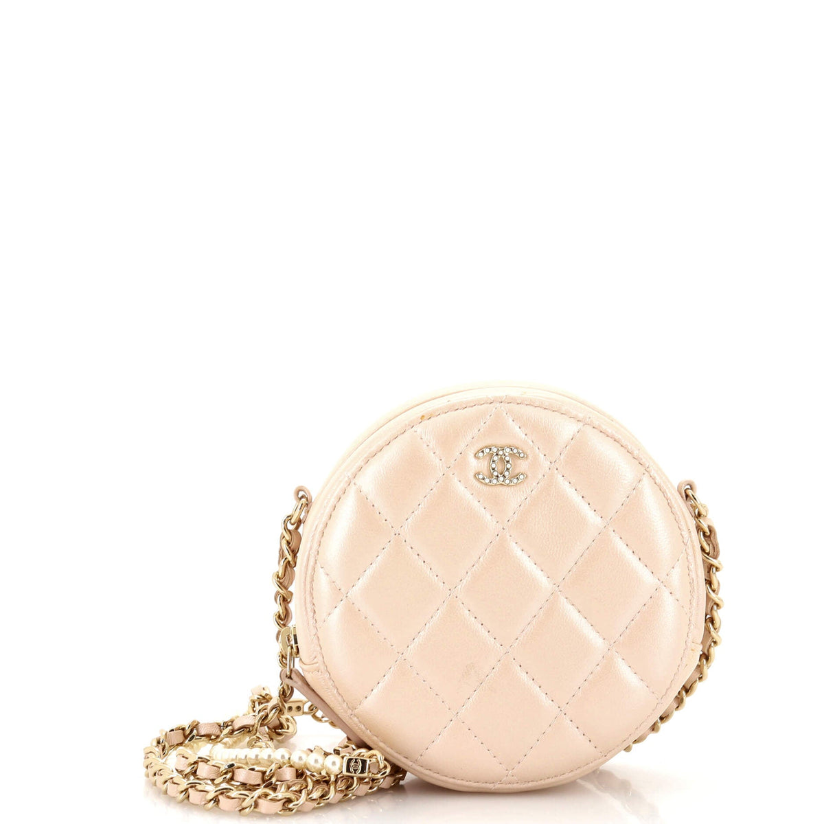 Chanel CHANEL Pearl Strap Round Clutch with Chain Quilted Iridescent Lambskin
