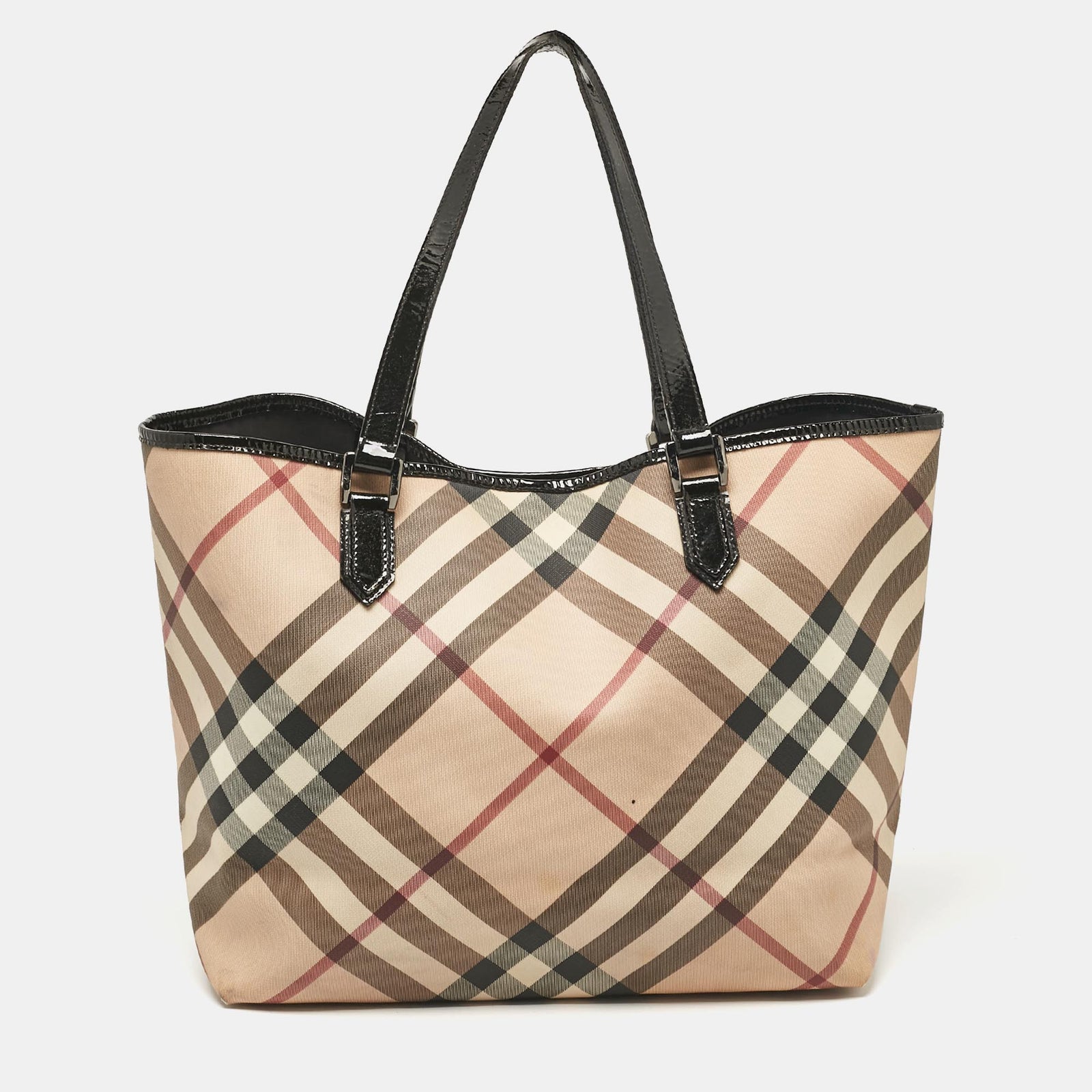 Burberry Black/Beige Supernova Check Coated Canvas and Patent Leather Large Nickie Tote