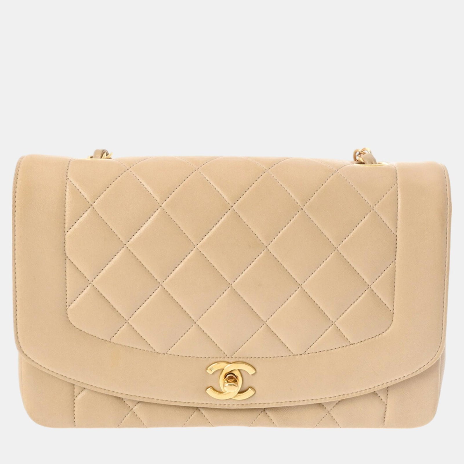 Chanel Beigefarbene Diana-Umhängetasche aus Matelassé-Lammleder 25 cm mit Kette