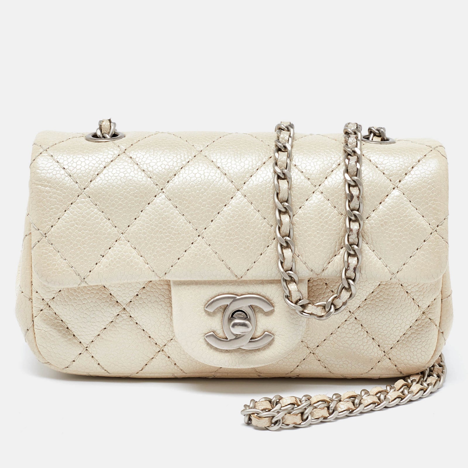 Chanel Pearl Beige Quilted Caviar Leather New Mini Classic Flap Bag