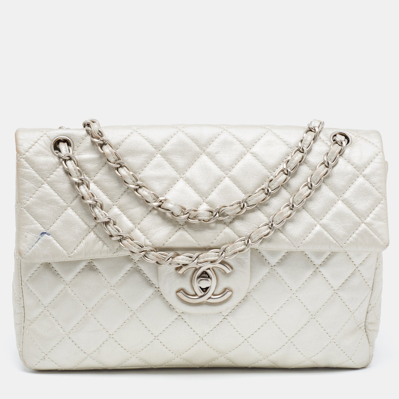 Chanel Metallic Grey Quilted Leather Maxi Classic Single Flap Bag