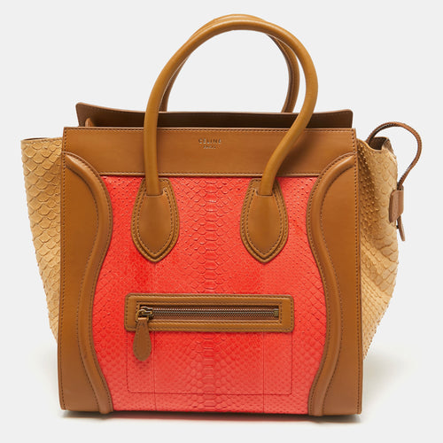 Brown/Coral Orange Python and Leather Mini Luggage Tote