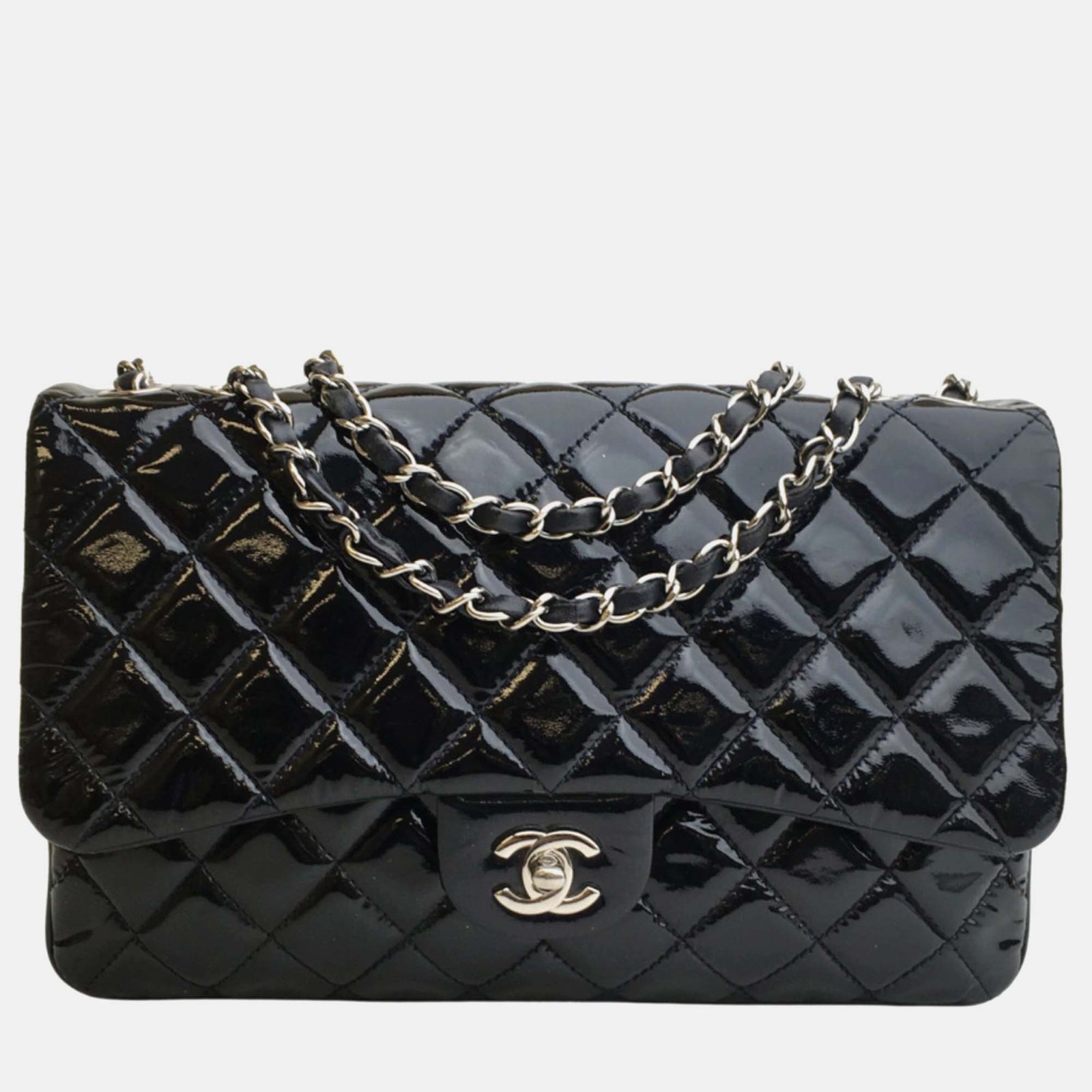 Chanel Black Patent Leather Large Classic Double Flap Shoulder Bag