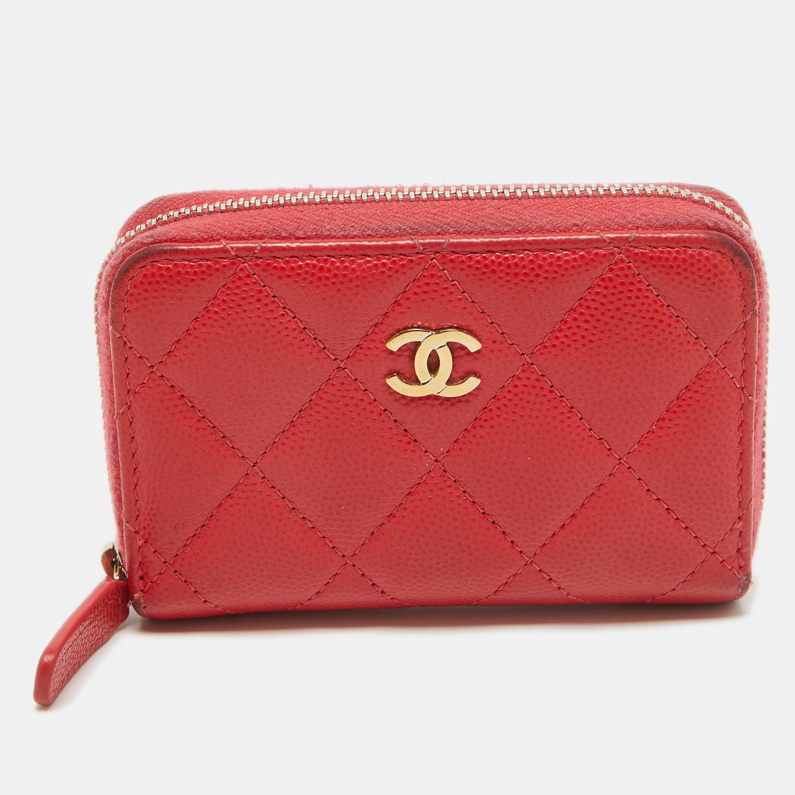 Chanel Red Quilted Caviar Leather Zip Around Coin Purse