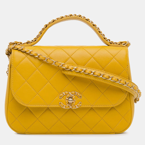 Yellow Lambskin Leather Chain Infinity Top Handle Flap Bag