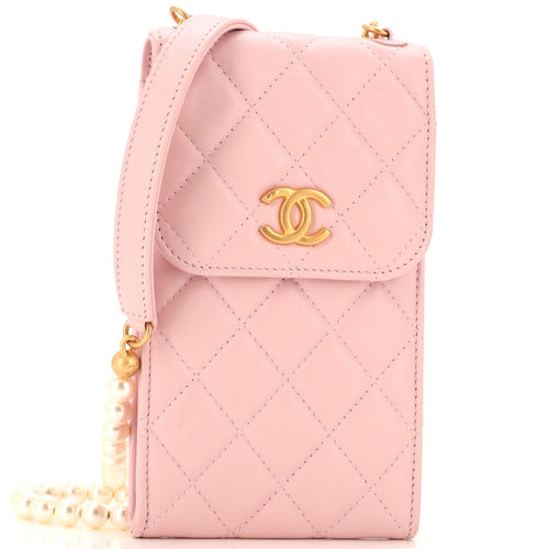 CHANEL Pearl Strap Phone Holder Crossbody Bag Quilted Lambskin