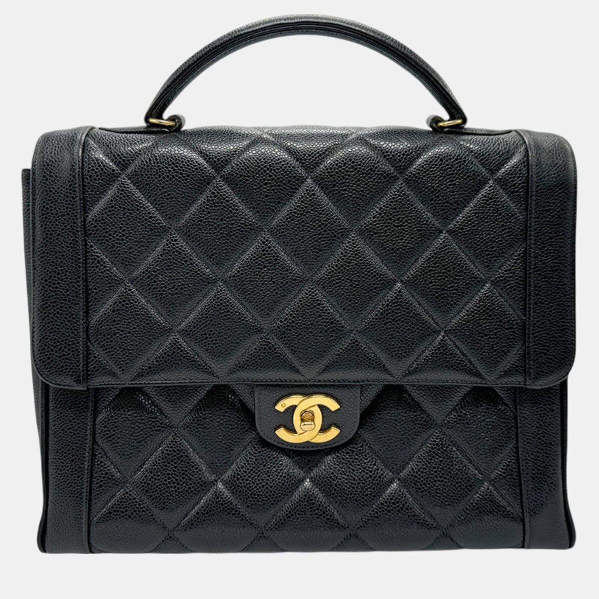 Chanel Black Gold Caviar Skin Leather Matelasse Handbag