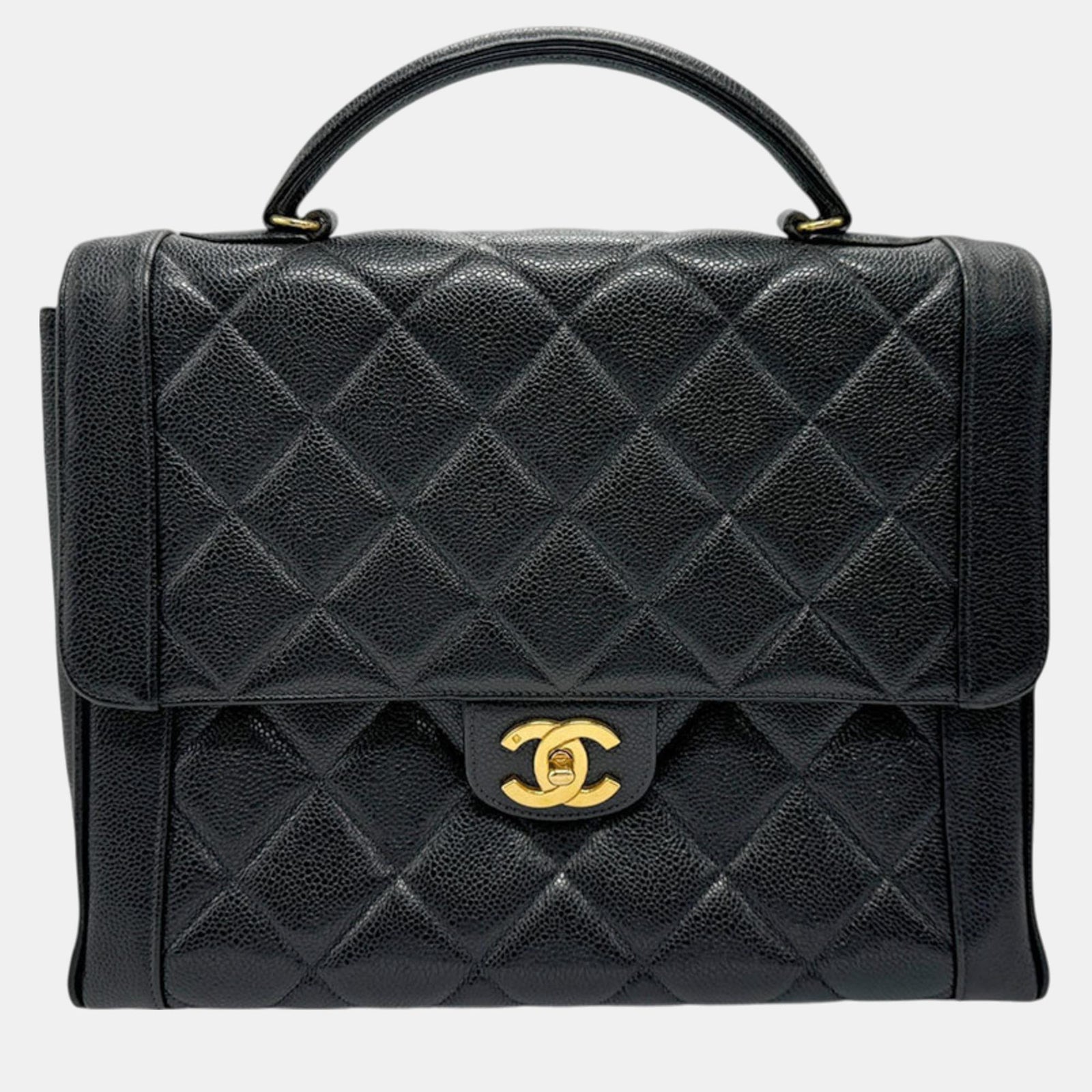 Chanel Schwarze und goldene Matelassé-Handtasche aus Kaviarleder