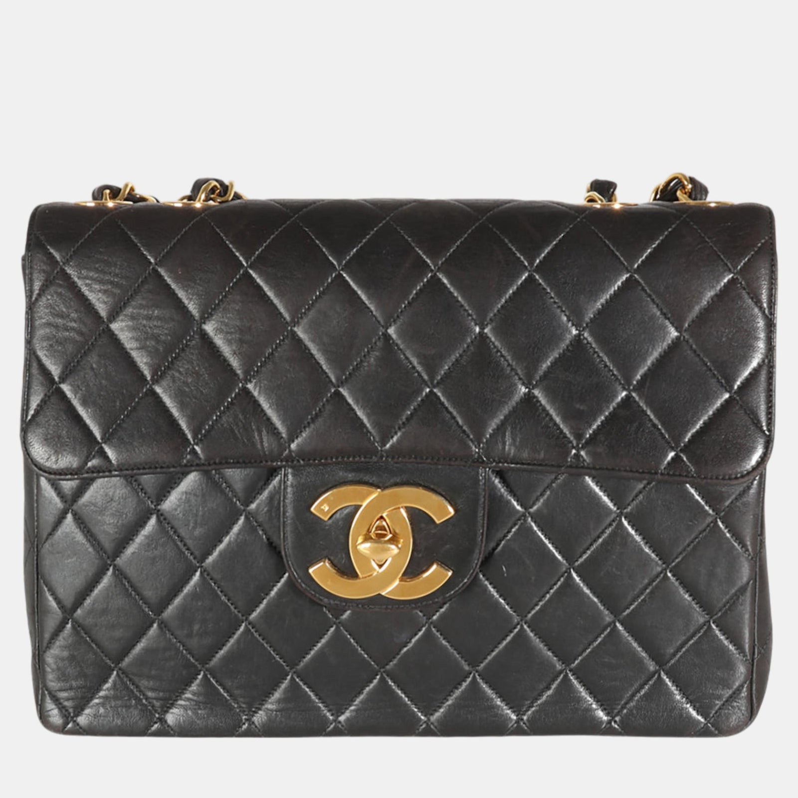 Chanel Schwarze Jumbo XL-Überschlagtasche aus gestepptem Lammleder im Vintage-Stil