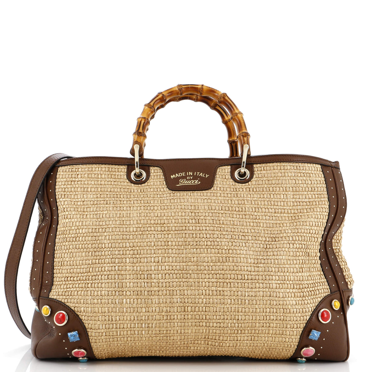 Gucci GUCCI Bamboo Shopper Tote Straw with Embellished Leather Large