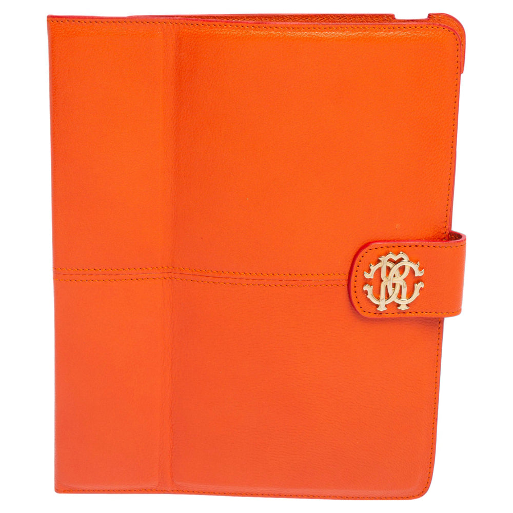 Roberto Cavalli Orange Leather Logo Buckle Detail Tablet Case