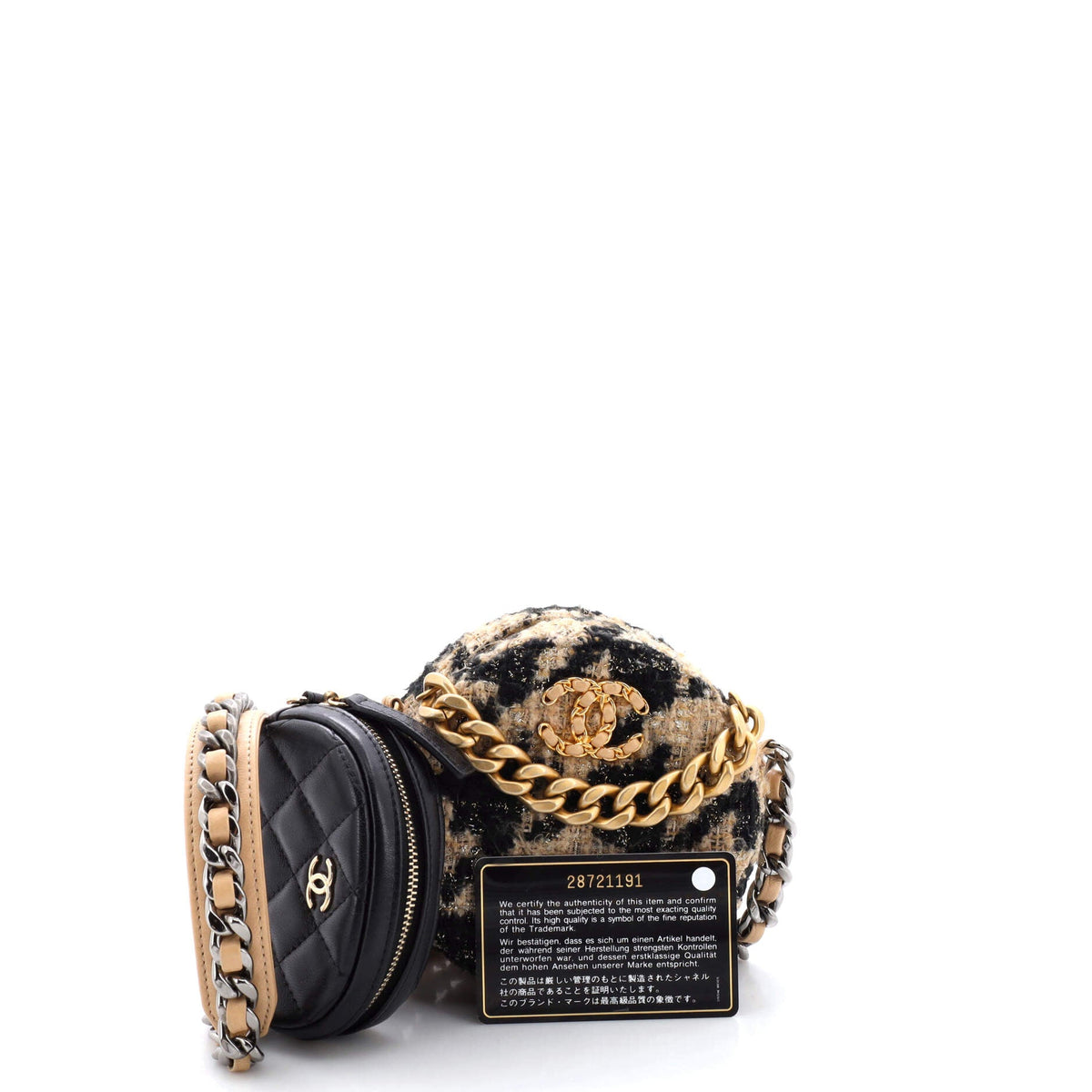 Chanel CHANEL 19 Round Clutch with Chain and Coin Purse Quilted Tweed and Lambskin