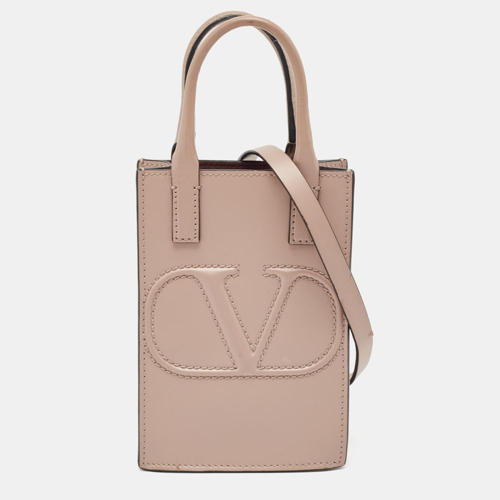 Beige Leather Mini VLogo Tote