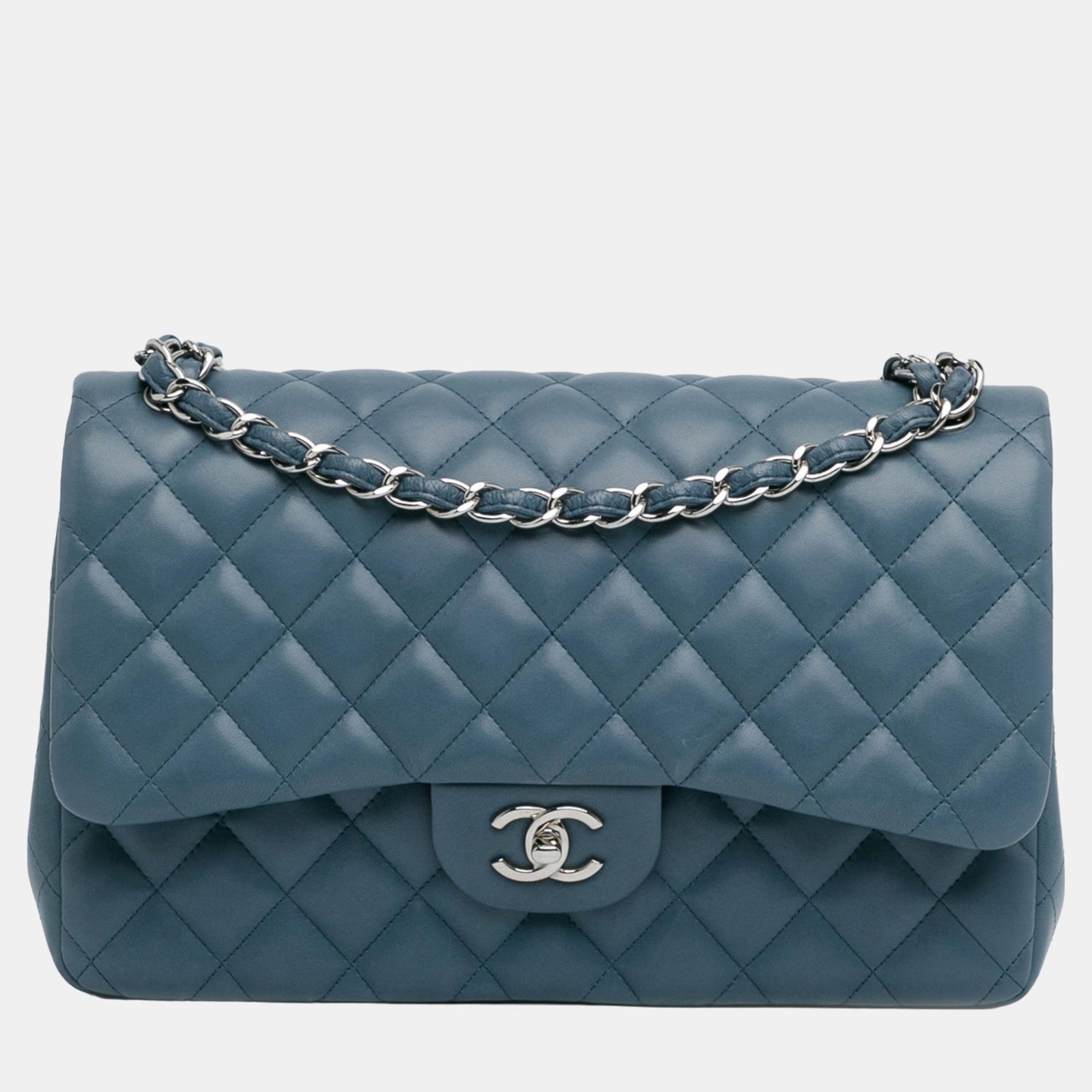 Chanel Portefeuille à rabat double en cuir d'agneau bleu Jumbo Classic