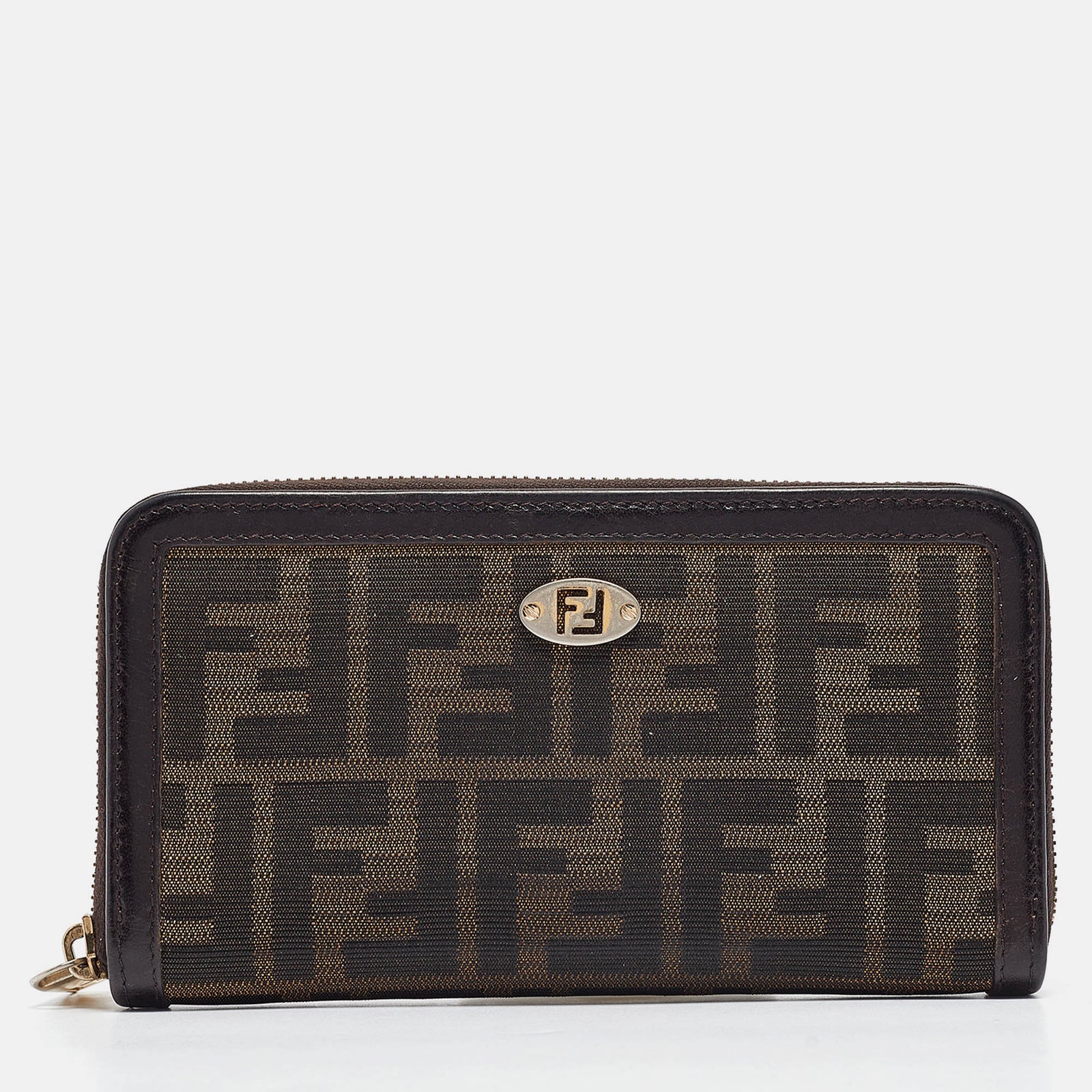 Fendi Tobacco Zucca Canvas and Leather FF Zip Around Wallet