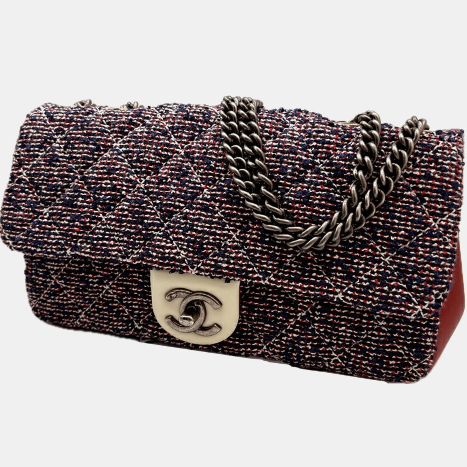 Chanel Sac à rabat simple en tweed multicolore rouge, bleu et blanc