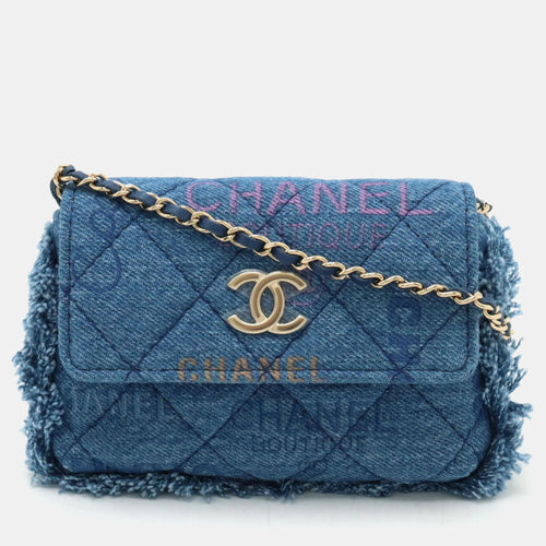 Blue Denim Logo Printed Quilted Fringe Denim Mood Flap Shoulder Bag