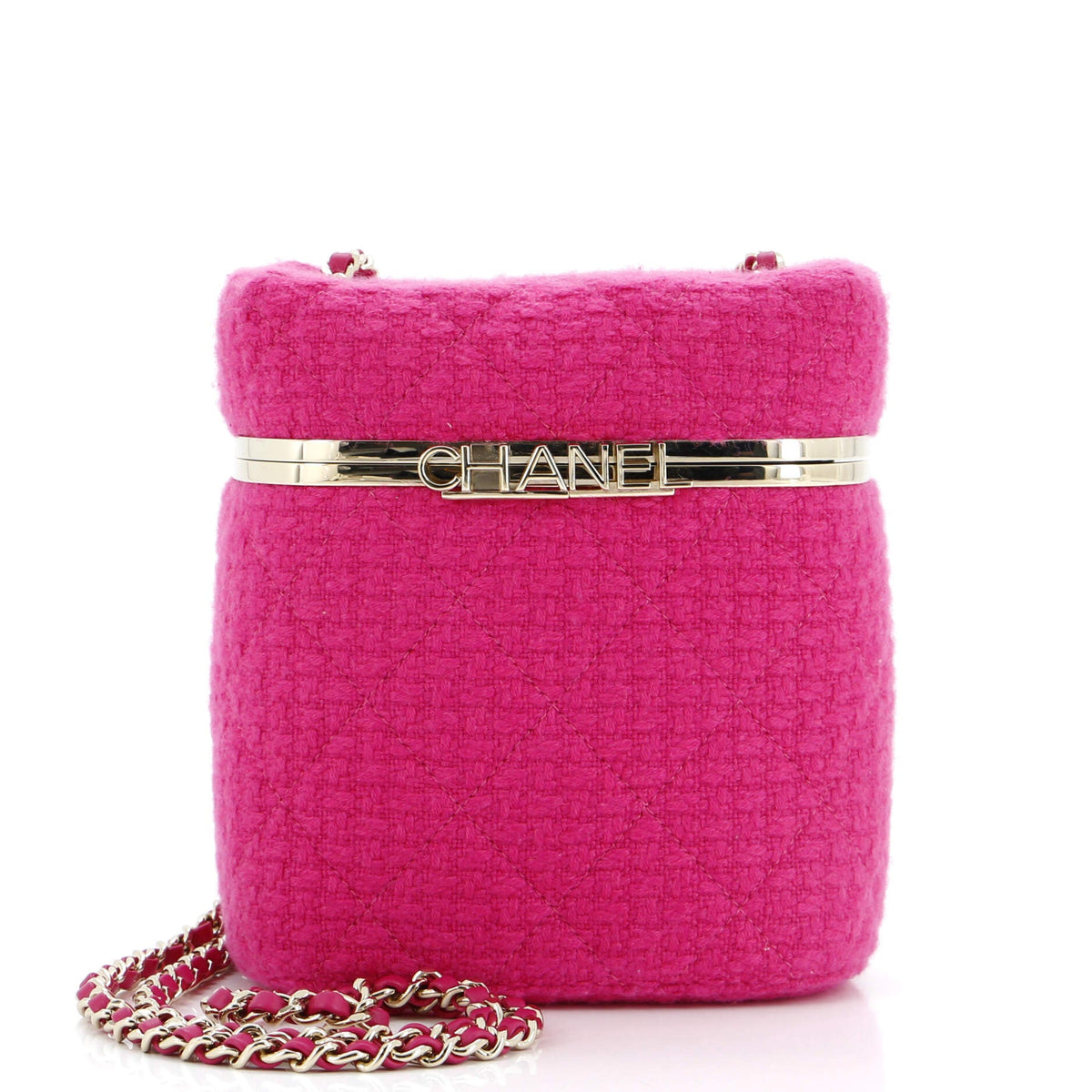 Chanel CHANEL Logo Box Vanity Case with Chain Quilted Tweed Small