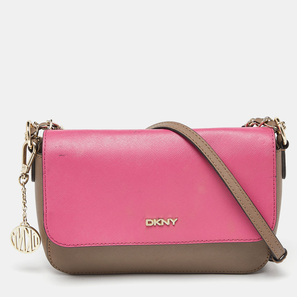 DKNY Beige/Pink Leather Bryant Park Flap Crossbody Bag