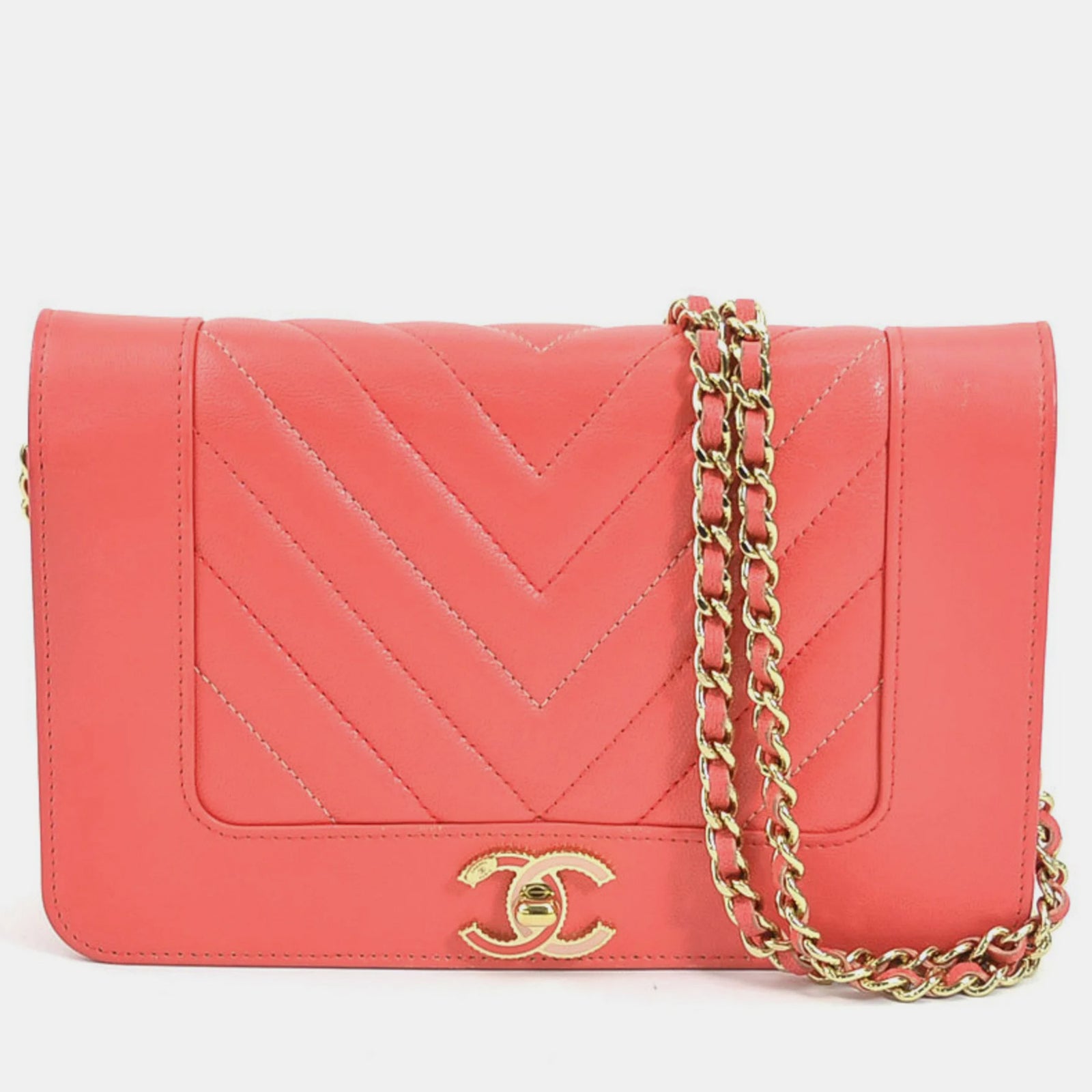 Chanel CHANEL Coral Leather Mademoiselle Vintage Wallet On Chain