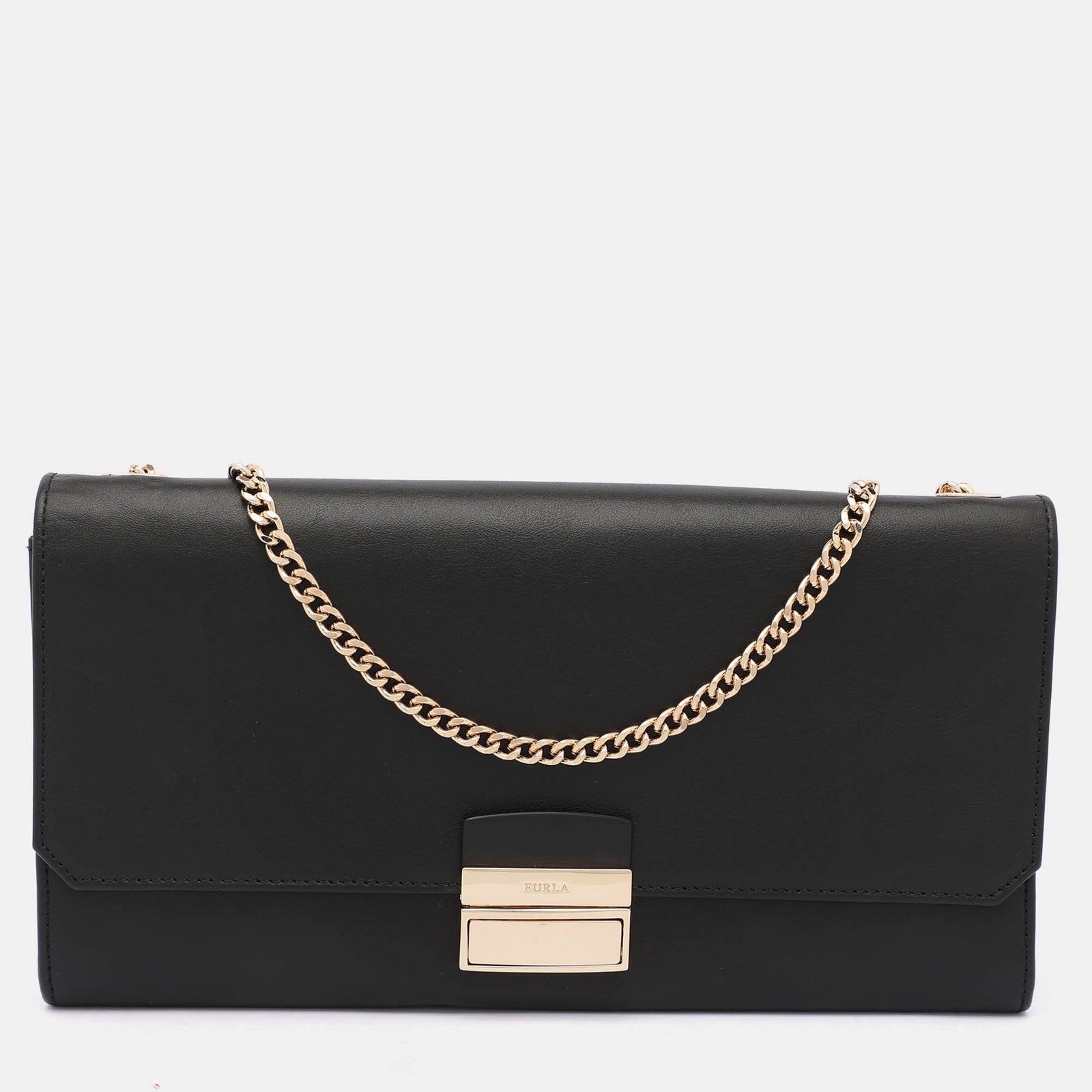 Furla Black Leather Push Lock Flap Crossbody Bag