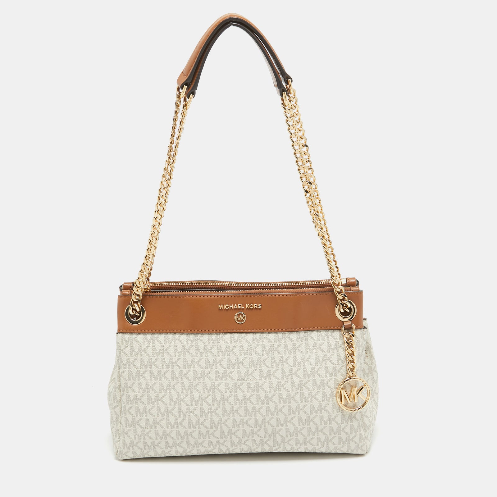 Michael Kors White/Brown Signature Coated Canvas and Leather Small Susan Tote