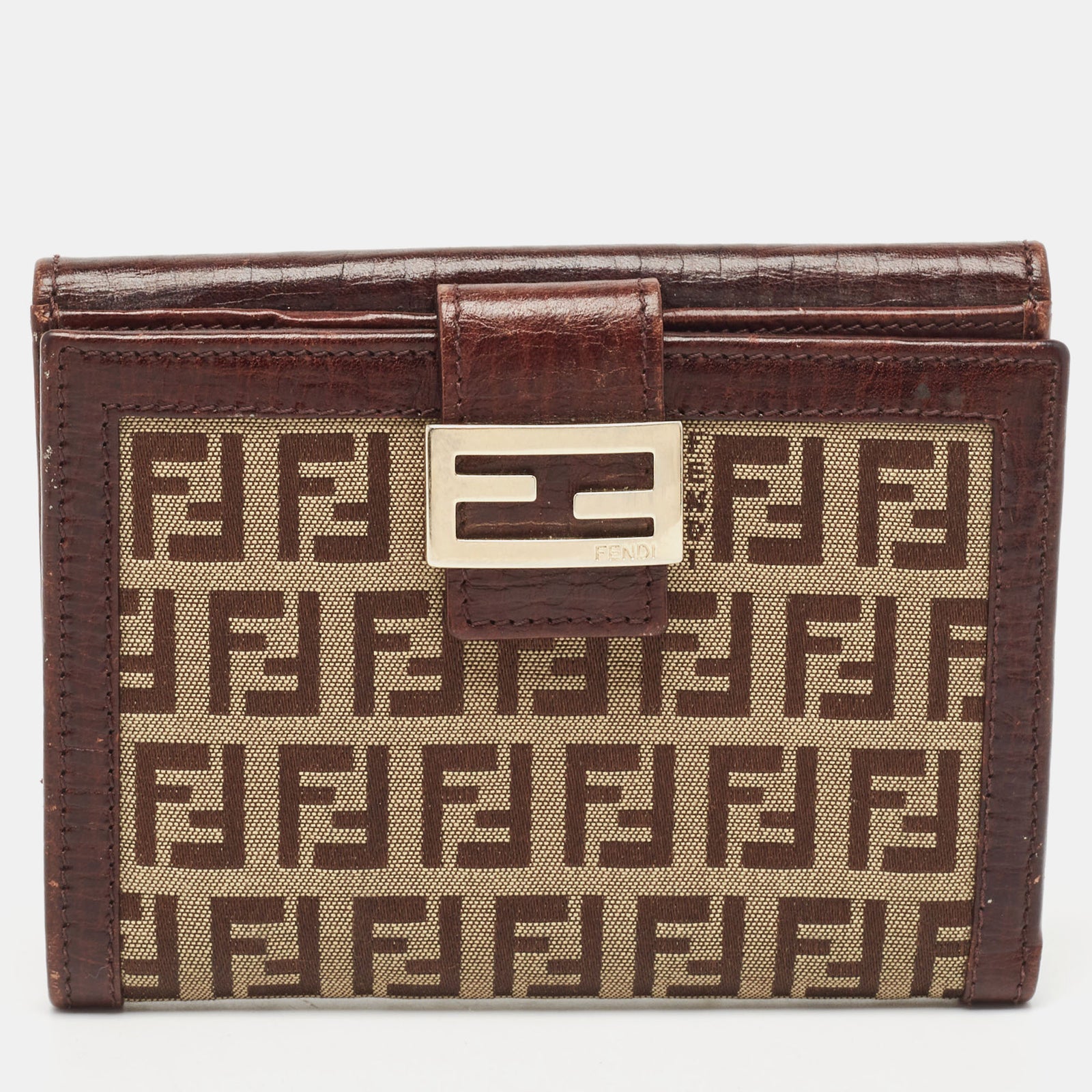 Fendi Brown/Beige Zucchino Fabric and Leather FF French Wallet