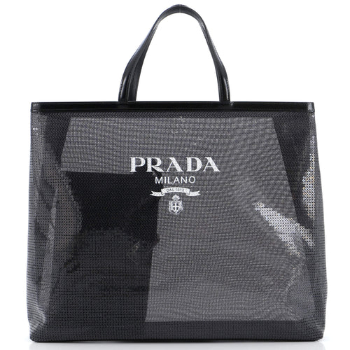 PRADA Logo Open Tote Sequined Mesh Large