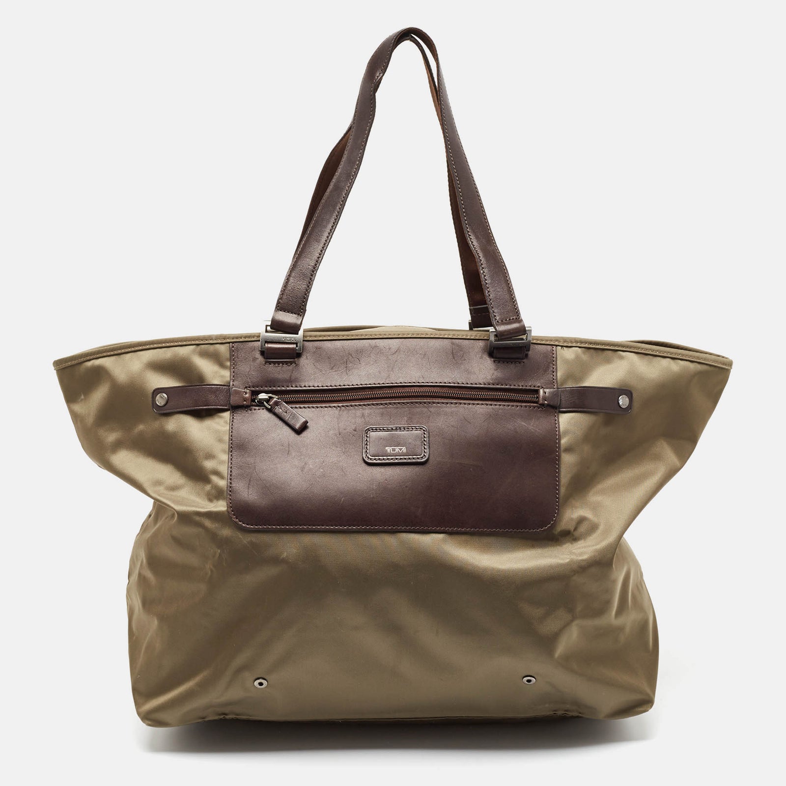 Tumi Tumi Khaki Green/Brown Leather and Nylon Packaway Shopper Tote