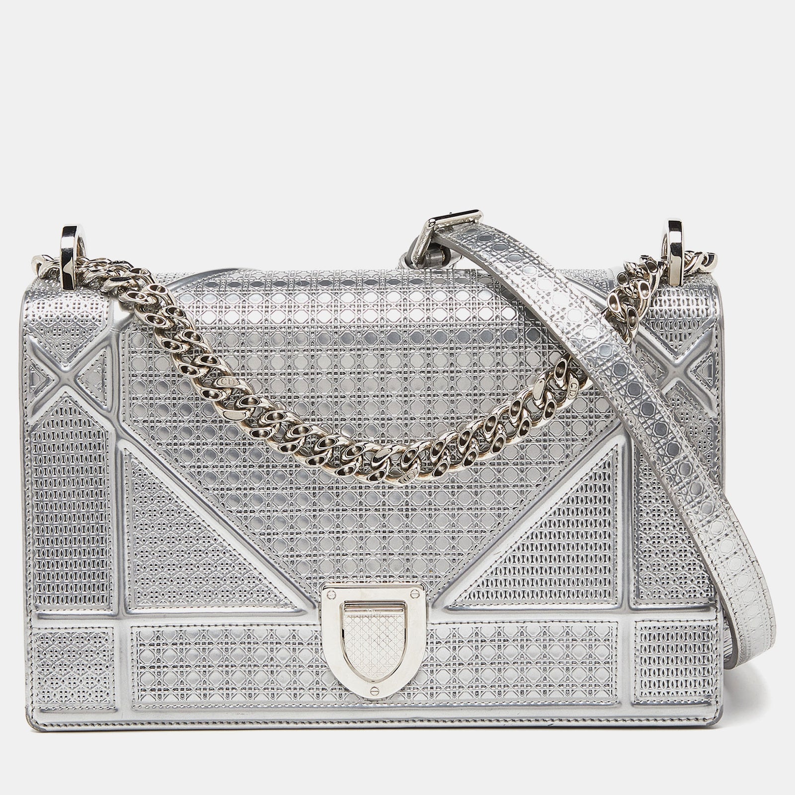 Dior Silver Microcannage Patent Leather Medium Diorama Flap Shoulder Bag