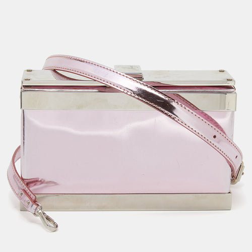 Metallic Pink Patent Leather And Metal Box Crossbody Bag