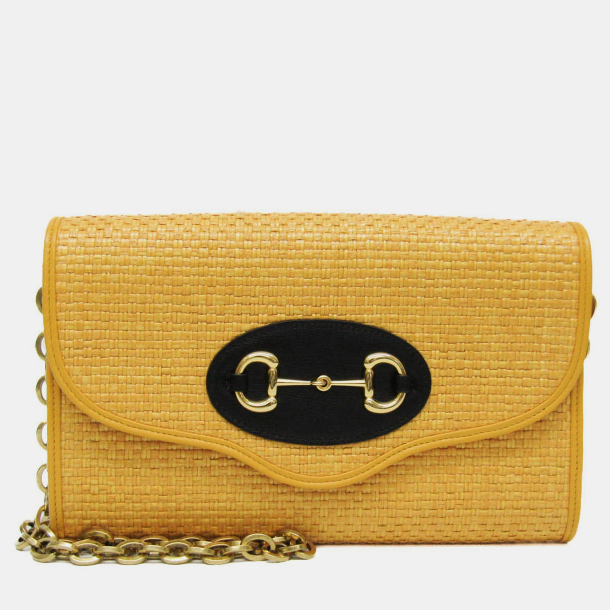 Gucci Yellow Raffia Small  Horsebit 1955 Curved Flap Shoulder Bag