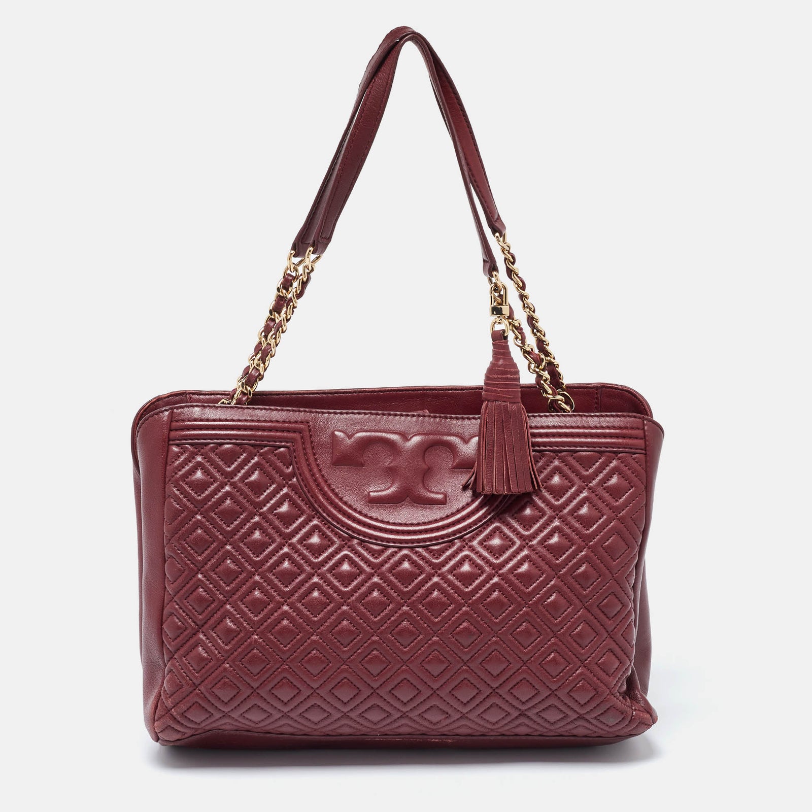 Tory Burch Burgundy Quilted Leather Fleming Chain Tote